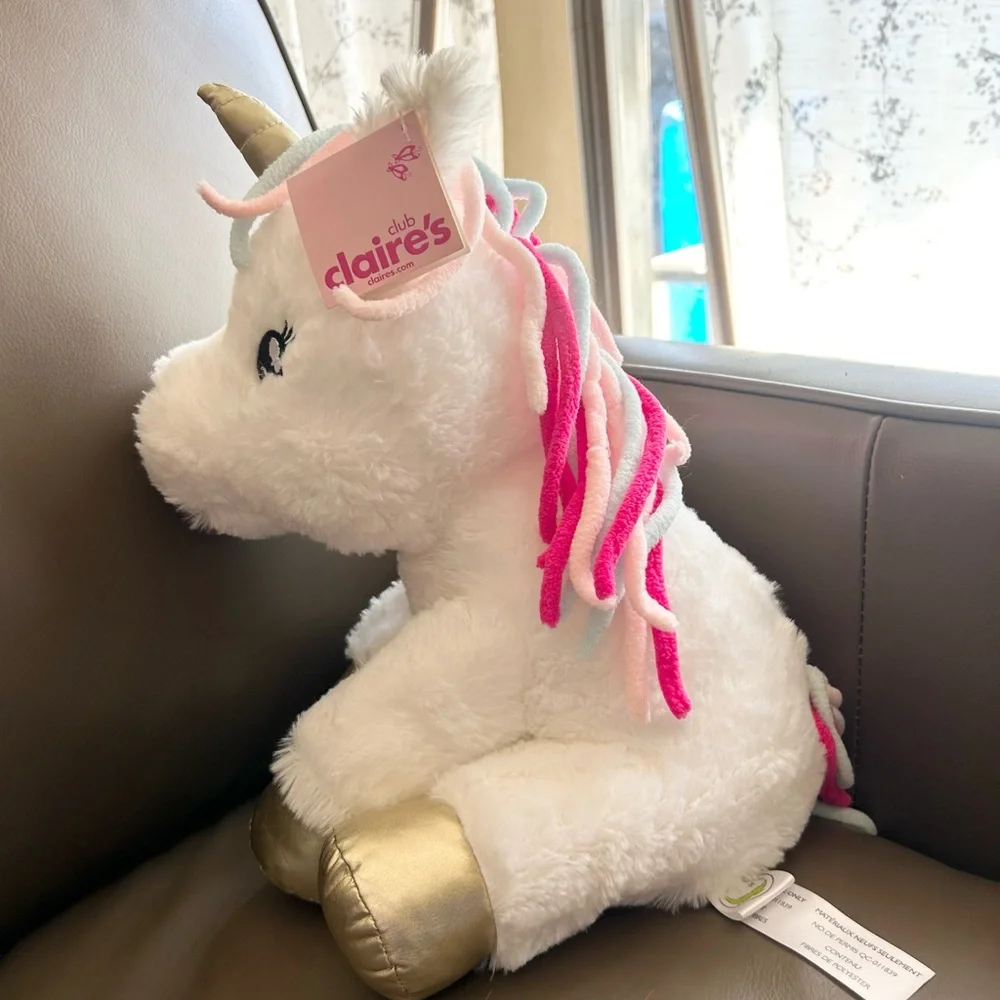 Claire's White Unicorn Plush 14”inch Aurora with Gold and Pink Details